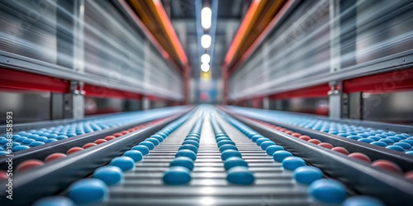 Obraz Industrial conveyor factory line motion blur blue sphere red sphere symmetry perspective steel roller manufacturing automation