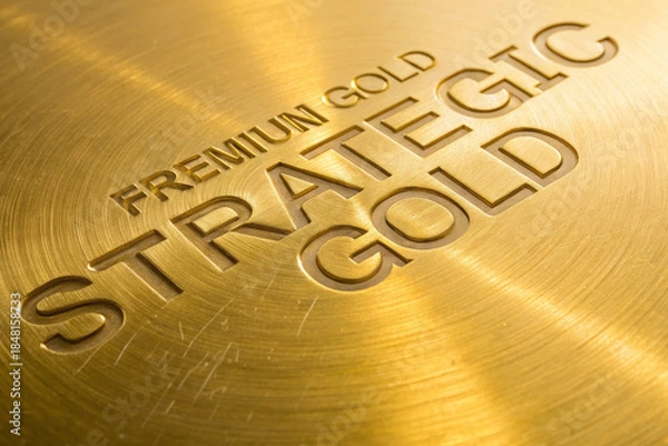 Obraz Premium gold background strategic forward focus metallic texture engraved text brushed metal golden surface luxury abstract design with warm glow and depth, elegant mood