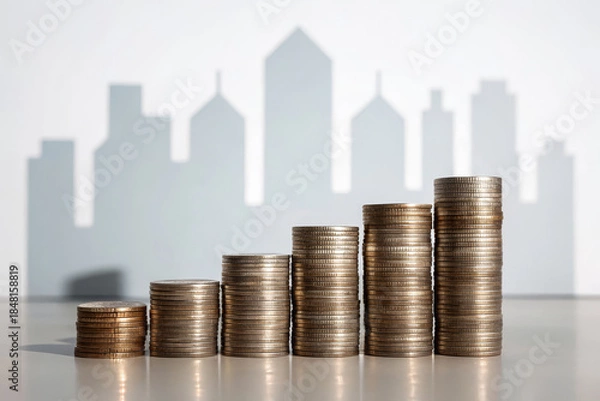 Obraz Rising coins money finance investment growth savings wealth economy currency budget serve as rising coins money finance investment growth savings wealth economy currency budget front of city