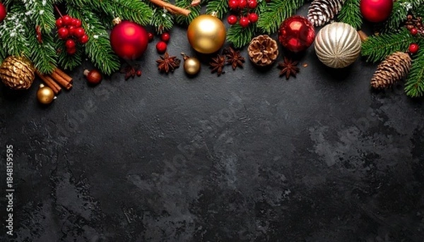 Fototapeta Christmas ornaments on the black background.