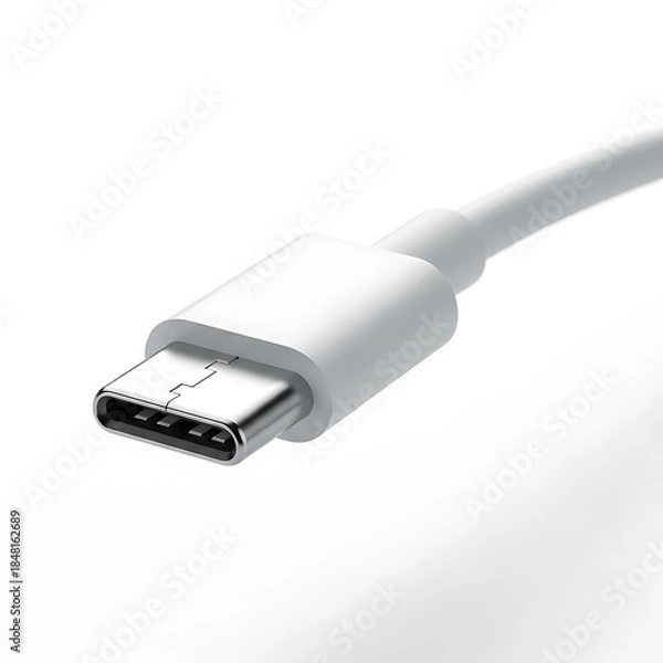 Fototapeta White usbc cable connector isolated on white background closeup view