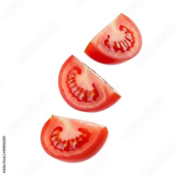 Fototapeta Three slices of fresh red tomato isolated on white background