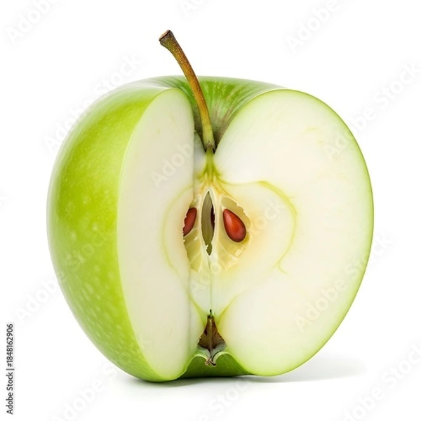 Fototapeta Green apple cut in half isolated on white background with seeds visible inside