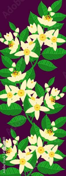 Obraz Lovely vertical banner with bright citrus flowers and leaves. Blooming design ideal for fabric prints, wrapping paper, wallpapers, packaging, stationery, nature-inspired branding, and web visuals