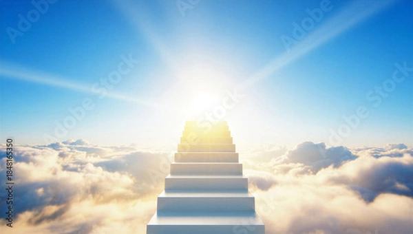 Obraz Stairway to heaven through clouds towards bright sunlight.