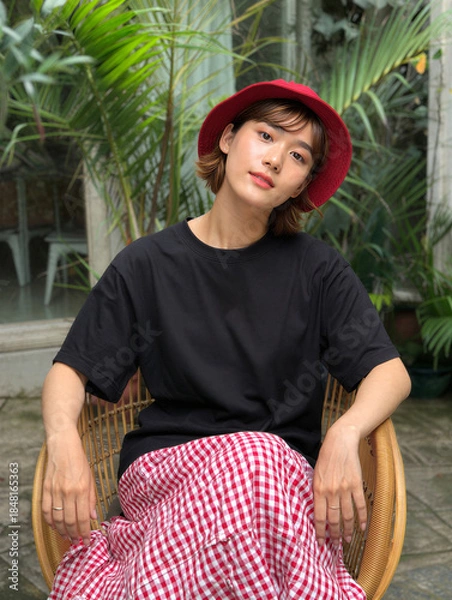 Fototapeta Young woman with short hair red hat black t-shirt and red checkered skirt sitting in a chair.