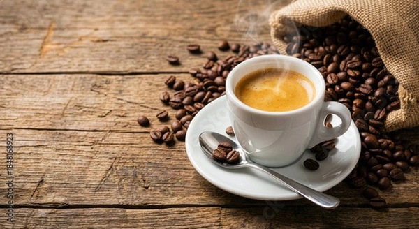 Obraz Espresso Coffee Cup With Beans On Vintage Table .