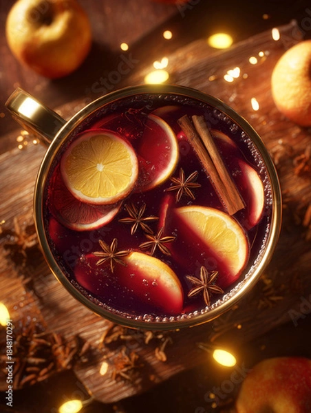 Fototapeta Warm spiced beverage in a golden mug, featuring slices of lemon, apple, and cinnamon sticks, surrounded by festive decorations and glowing lights, evoking cozy winter vibes