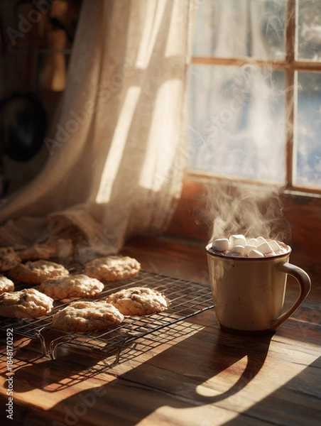 Fototapeta Freshly baked cookies cooling on a wire rack beside a steaming cup of hot beverage topped with marshmallows, illuminated by warm sunlight streaming through a window
