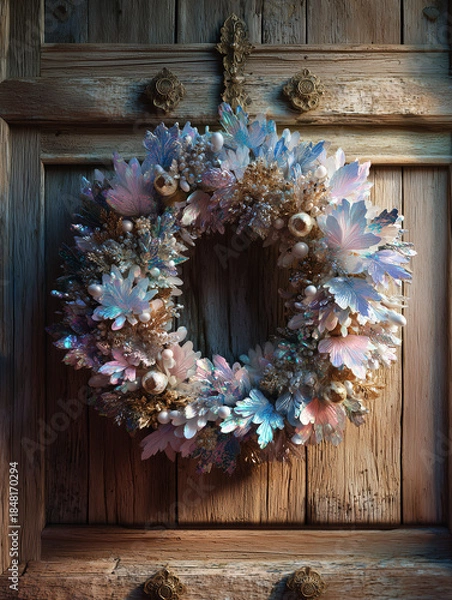 Fototapeta Decorative floral wreath featuring pastel-colored petals and natural elements, elegantly displayed on a rustic wooden door, enhancing seasonal ambiance and charm