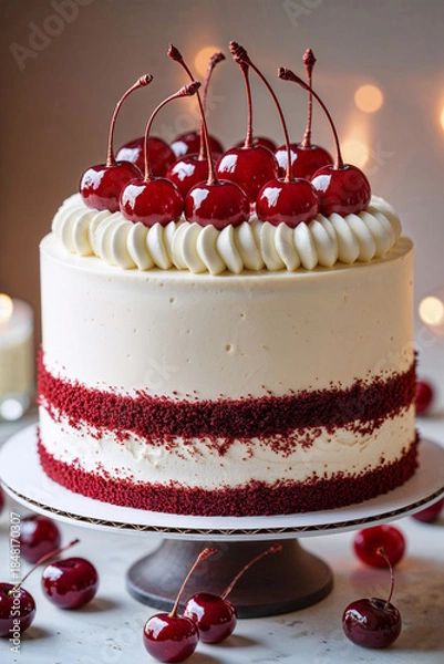 Fototapeta Elegant red velvet cake with smooth white frosting, cherry topping, and piped cream swirl, accented by two bands of red velvet crumbs, presented on a cake stand with soft bokeh lights.