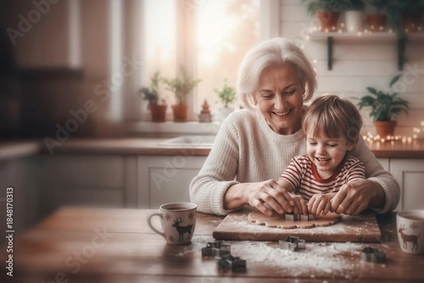 Fototapeta Elderly woman and young boy joyfully baking together in a cozy kitchen, surrounded by flour and baking tools, creating lasting memories through culinary activities