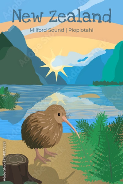 Obraz Iconic New Zealand kiwi bird in Milford Sound, Fiordland National Park, South island. New Zealand postcard series, greeting card. Vector illustration. 