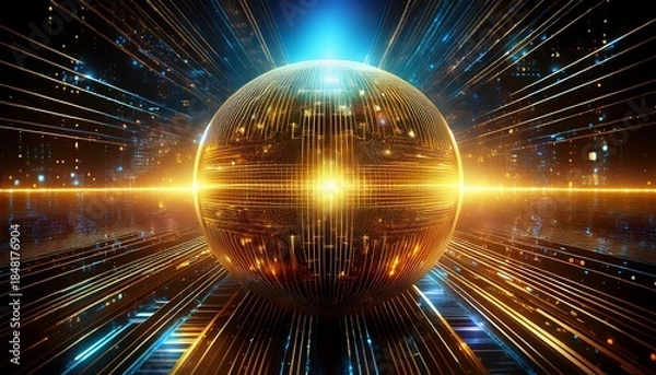 Fototapeta futuristic golden sphere surrounded by glowing data streams backdrop