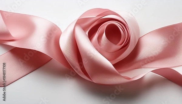 Fototapeta a silky rose colored ribbon curled in loops against a white surface suggests elegance and decoration for gifts or crafts