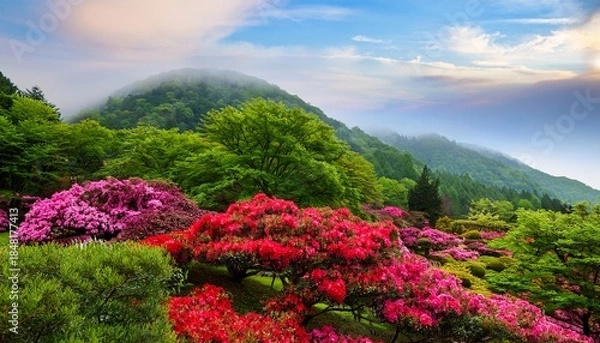 Fototapeta green and flowering trees with pink and red blossoms rhododendron
