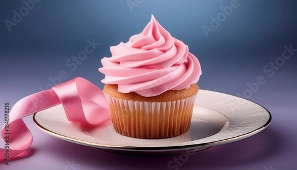 Fototapeta delicious cupcake topped with swirled pink frosting and a delicate ribbon resting on a white plate against a plain background