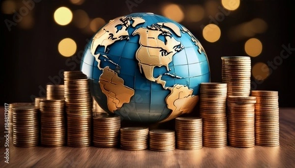 Fototapeta a captivating globe surrounded by stacked coins representing global finance and wealth distribution around the world