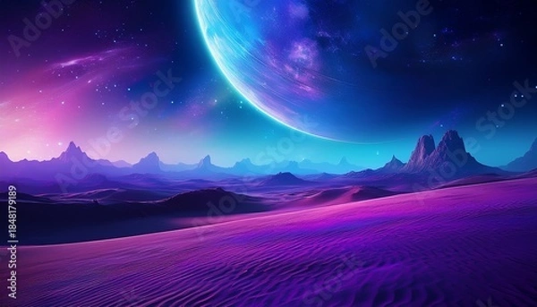 Fototapeta a blue and purple desert landscape with a large planet in the sky the sky is filled with stars and the planet is surrounded by a purple glow the scene is peaceful and serene