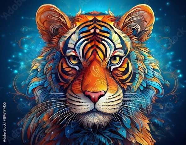 Fototapeta stunning artistic representation of a tiger with intricate details and vibrant colors on a blue background