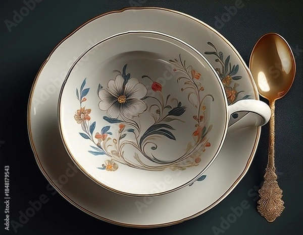Fototapeta white porcelain teacup saucer with floral design and spoon image