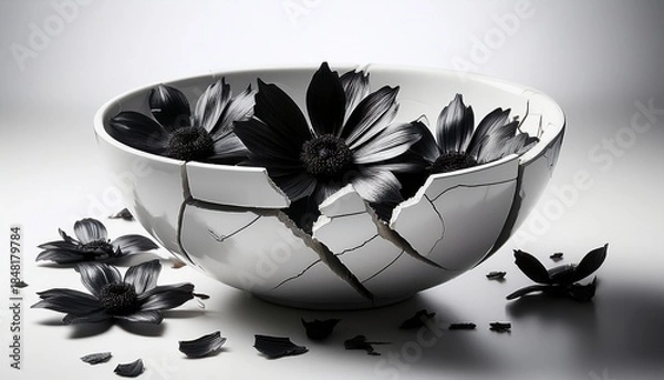 Fototapeta a broken white bowl with black flowers on it the bowl is cracked and broken but the flowers are still visible concept of loss and fragility