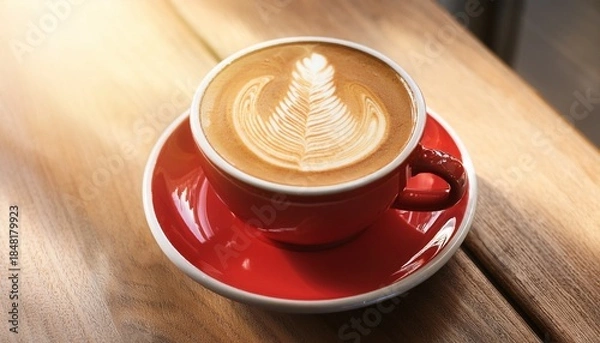 Fototapeta elegant latte art in red cup on wooden table bathed in sunlight