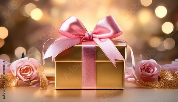 Fototapeta a close up of a gold gift box adorned with a delicate pink ribbon and bow conveying elegance and a sense of anticipation