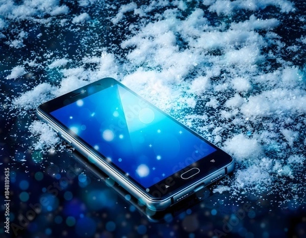 Obraz Smartphone Screen Mockup Resting on Snowy Ground with Shimmering Ice Crystal Reflections and Winter Atmosphere