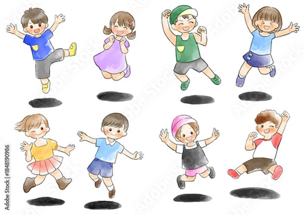 Obraz 半袖の子供達がジャンプしているイラスト　手描き　水彩風