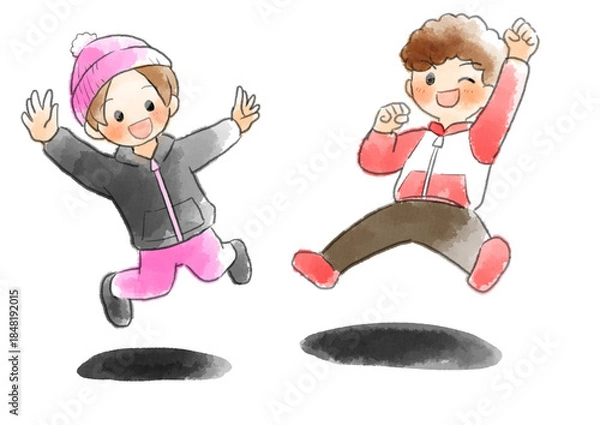 Obraz 冬服の子供達がジャンプしているイラスト　手描き　水彩風