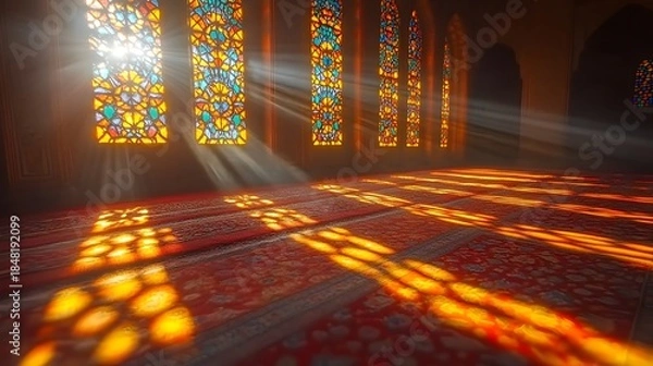 Obraz Sunlight streams through colorful ornate windows illuminating an empty interior space with patterned carpets