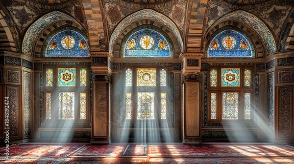 Obraz Ornate historical interior space features dramatic sunbeams filtering through detailed stained glass windows