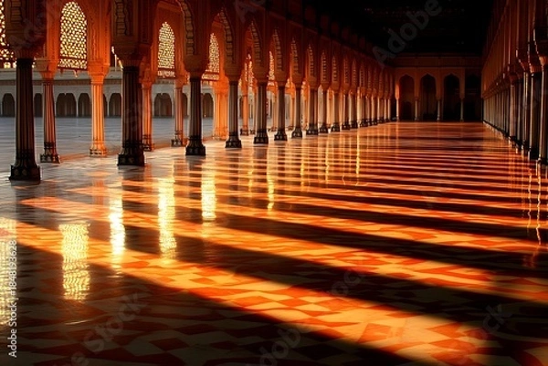 Obraz Sunlight casts dramatic parallel shadows across an ornate, colonnaded interior space at low angle