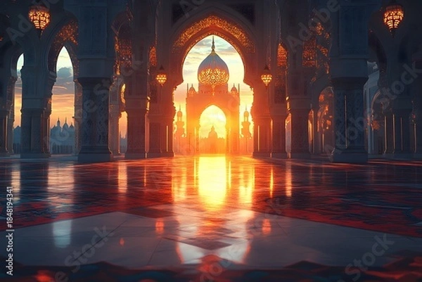 Obraz Ornate architectural structure illuminated by a brilliant setting sun viewed from an interior hall