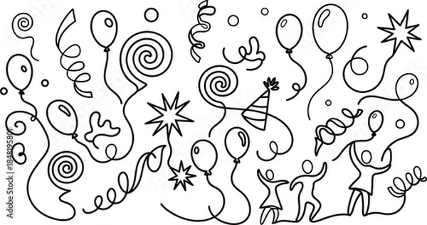 Fototapeta Continuous line doodle art illustration featuring celebratory balloons confetti and happy dancing people for festive party designs