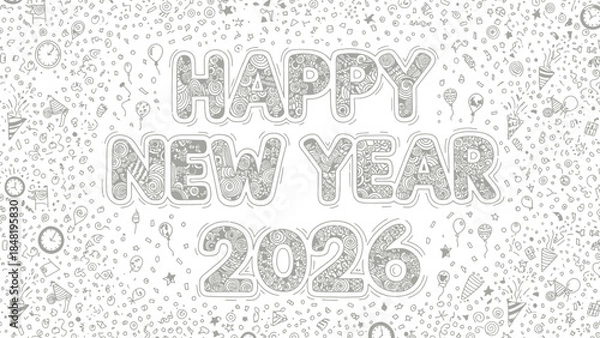 Fototapeta Decorative Happy New Year 2026 greeting card design with doodle elements featuring celebratory confetti balloons and party poppers for seasonal wishes