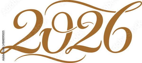Fototapeta Elegant 2026 number graphic in luxurious golden brown calligraphic script perfect for new year celebrations and futurethemed designs isolated on transparent background
