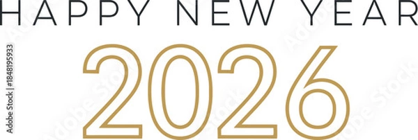 Fototapeta Modern minimalist happy new year 2026 greeting text design in elegant golden and black colors perfect for festive celebrations and holiday cards