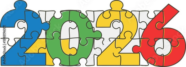 Fototapeta Vibrant colorful jigsaw puzzle pieces precisely assemble to form the numerical year 2026 symbolizing upcoming solutions and collaborative new year planning