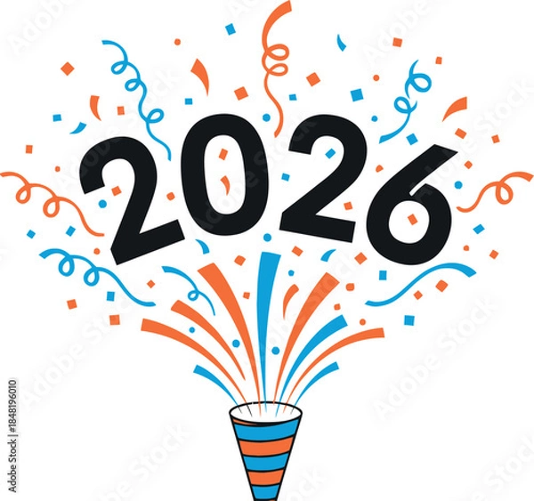 Fototapeta Vibrant 2026 new year celebration with a colorful confetti popper bursting orange and blue streamers and festive particles creating an energetic design