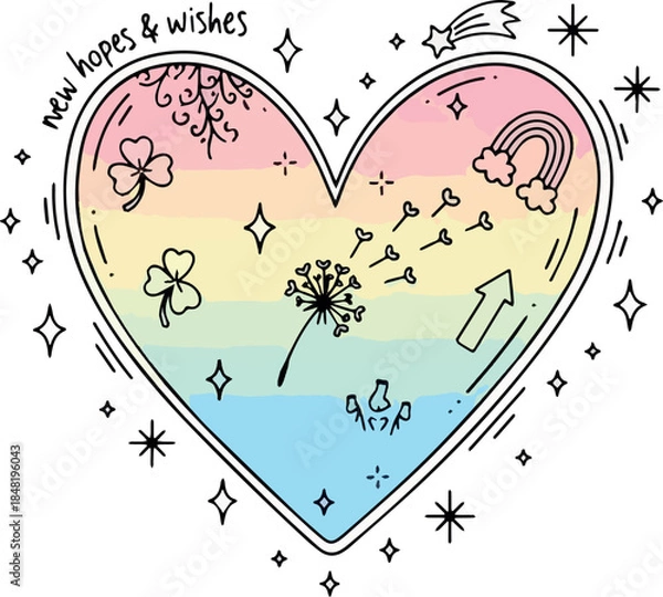 Fototapeta Whimsical handdrawn heart illustration featuring a soft rainbow gradient with dandelion seeds blowing fourleaf clovers and new hopes and wishes text creating a dreamy symbol of positivity