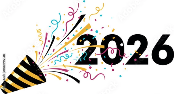 Fototapeta Vibrant New Year 2026 celebration with festive party popper exploding colorful confetti and streamers creating an exciting atmosphere