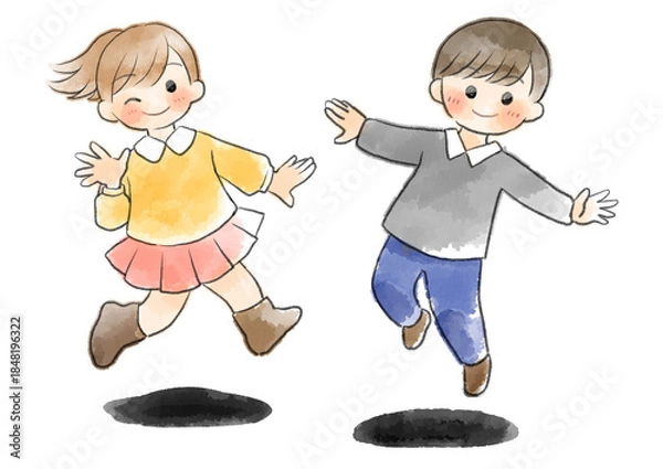 Obraz 長袖の子供達がジャンプしているイラスト　手描き　水彩風