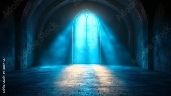 Obraz Intense light streams through an arched gothic window illuminating a mysterious, dark interior space