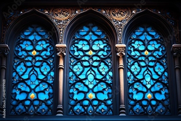 Obraz Intricate gothic arch windows feature vibrant blue stained glass patterns illuminated from within
