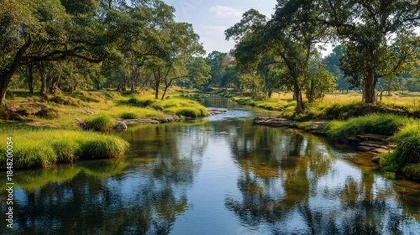 Fototapeta Tranquil river flows through a lush, green forest under a clear blue sky