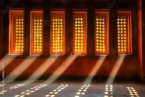 Obraz Sunlight streams through ornate patterned openings creating dramatic light patterns indoors
