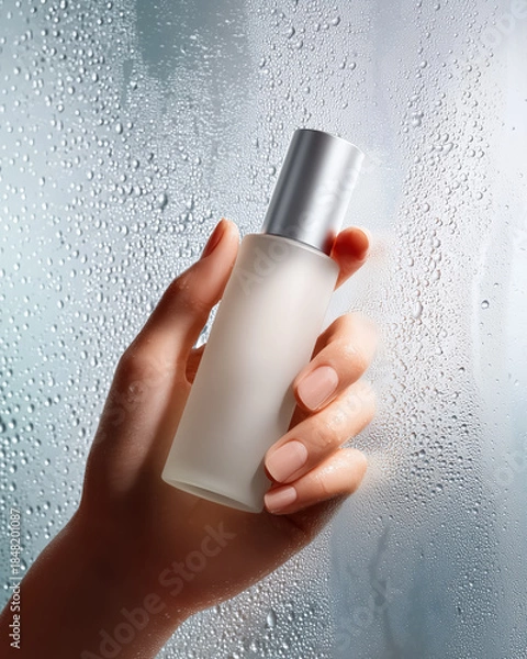 Obraz Female's hand holding bottle of cosmetic lotion. 