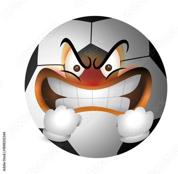 Obraz Cartoon soccer ball with angry face and clenched fists, expressive sports mascot illustration for competitive themes.